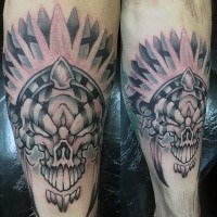 Stippling style colored arm tattoo of fantasy demonic skull