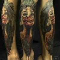 Stippling style colored bloody devils woman with horns