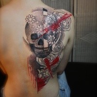 Stippling style colored chest tattoo of human skull with flowers and ornaments