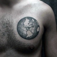 Stippling style colored chest tattoo of clock shaped globe