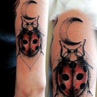 Stippling style colored forearm tattoo of lady bug with moon