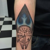 Stippling style colored forearm tattoo of Millennium Falcon