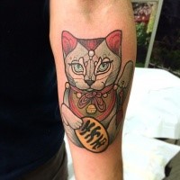 Stippling style colored forearm tattoo of maneki neko japanese lucky cat with symbol