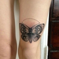 Stippling style colored leg tattoo of butterfly