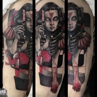 Stippling style colored mystical woman with bloody razor blade tattoo on shoulder