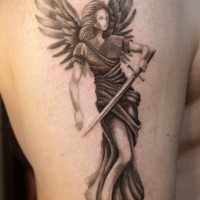Stippling style colored shoulder tattoo of angel warrior