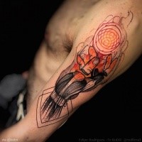 Stippling style colored shoulder tattoo of hand with circle shaped