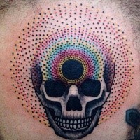 Stippling style colored tattoo of mystical skull with ornaments