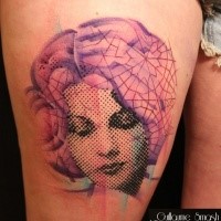 Stippling style colored thigh tattoo of woman portrait