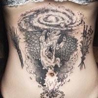 Stippling style large belly tattoo of mystical fox with solar system and flame