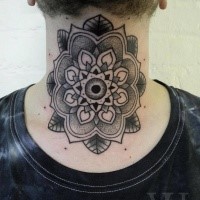Stippling style large black ink throat tattoo of flower