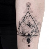 Stippling style simple forearm tattoo of flower with triangle