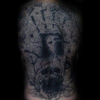 Stonework style black ink back tattoo of big wall with human skull