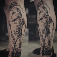 Stonework style black ink leg tattoo of antic warrior