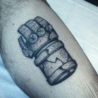 Stonework style black ink leg tattoo of ancient glove