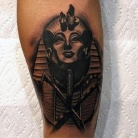 Stonework style black ink leg tattoo of Egypt pharaoh statue