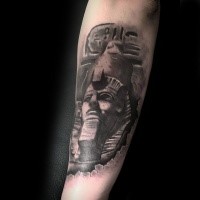 Stonework style colored forearm tattoo of Egypt pyramids and Sphinx