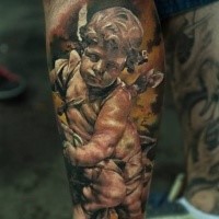 Stonework style colored leg tattoo of little angel statue