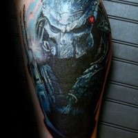 Stonework style colored leg tattoo of Predator statue