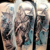 Stonework style colored shoulder tattoo of angel statue