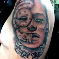 Stonework style colored shoulder tattoo of antic statue