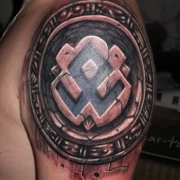 Stonework style colored shoulder tattoo of ancient tablet
