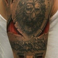 Stonework style colored shoulder tattoo stylized with lion