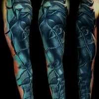 Stonework style colored sleeve tattoo of corrupted woman face