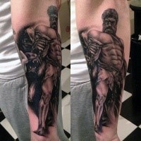 Stonework style detailed arm tattoo of ancient statue with Cerberus