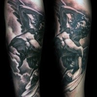 Stonework style detailed arm tattoo of Icarus statue