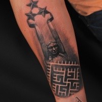 Stonework style detailed forearm tattoo of woman statue with stars