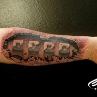 Stonework style detailed forearm tattoo of media player buttons