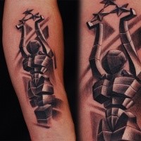 Stonework style detailed looking arm tattoo of human shaped statue with stars