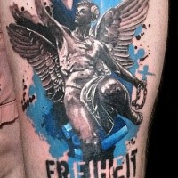 Stonework style detailed looking shoulder tattoo of Icarus statue with lettering