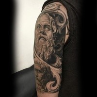 Stonework style detailed shoulder tattoo of old statue of man with beard