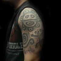 Stonework style detailed shoulder tattoo of Aztec ornaments