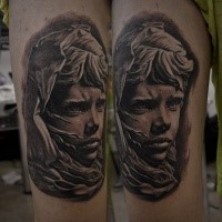 Stonework style detailed tattoo of sad girl in hood
