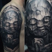 Stonework style Hinduism themed Buddha statue tattoo on shoulder