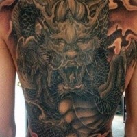 Stonework style interesting looking whole back tattoo of fantasy dragon