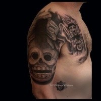 Stonework style large black and white shoulder and chest tattoo of ancient stone statues