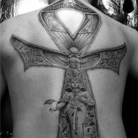 Stonework style large very detailed whole back tattoo of Egypt statue