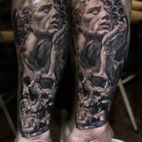Stonework style marvelous looking forearm tattoo of human statue with skull