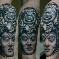 Stonework style very detailed ancient statue tattoo on shoulder