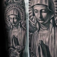 Stonework style very detailed arm tattoo of mother Mary with rose