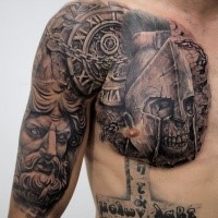 Stonework style very detailed chest and shoulder tattoo of ancient statues