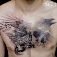 Strange combined and detailed chest tattoo oof human skulls with flying crow