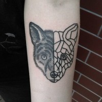 Strange combined half real half abstract fox tattoo on forearm