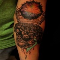 Strange looking colored arm tattoo of surrealistic picture