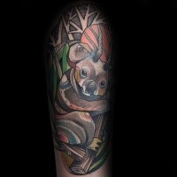 Strange looking colored arm tattoo of koala bear with horns