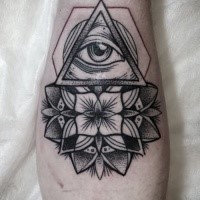 Strange looking dotwork style arm tattoo of large flower with triangle